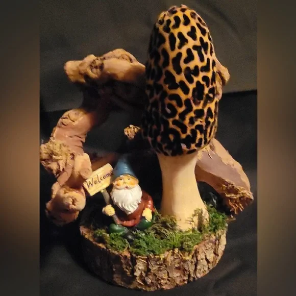 Whimsical Morel Mushroom & Gnome Wood Burned Sculpture - Picture 1 of 2